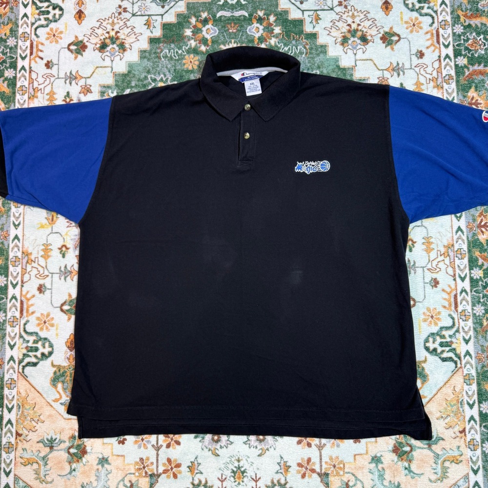 Vintage Champion XXL‎ Polo Shirt Black Blue Color Block Short Sleeve Casual